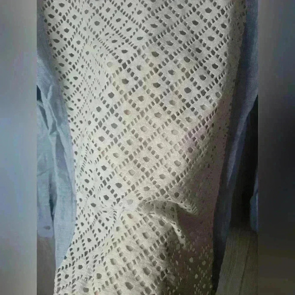 Free People denim tope with eyelet crocheted back. - Picture 5 of 7